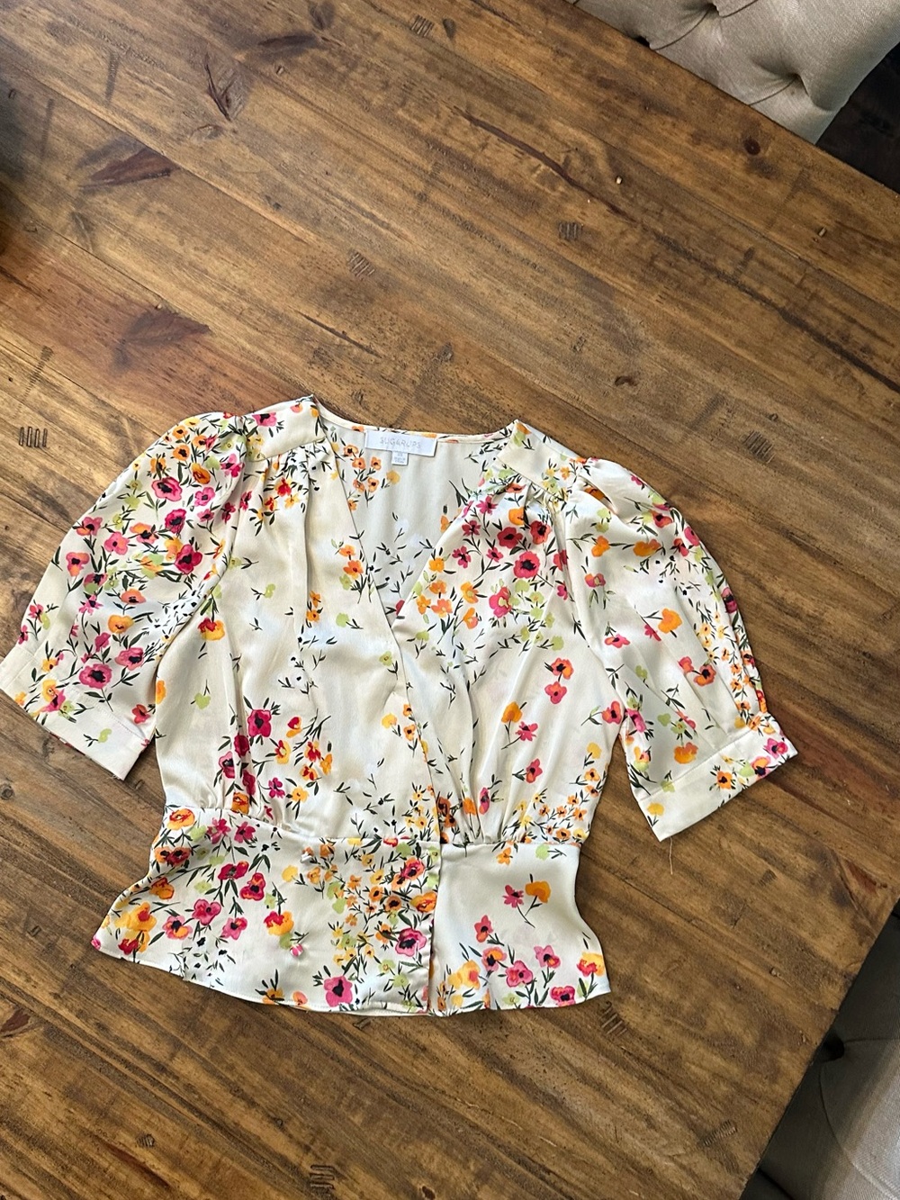 Sugarlips Ivory Floral V-Neck Peplum Blouse with Pink & Orange Flowers